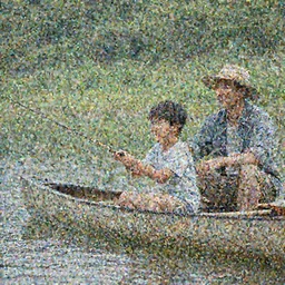 Asian boy fishing with his father in canoe