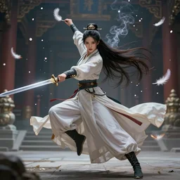 An epic fantasy comic book style portrait painting of a gorgeous sword dance Chinese costume woman , by WLOP trending on artbreeder, long hair, smoke, feathers flying, flowers rain everywhere, full body XIANXIA, Chinese temple, depth of field by Yoji Shinkawa 4k
