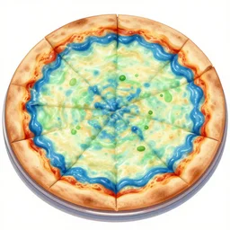 a pizza with blue sauce and green cheese