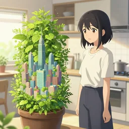a woman standing in a kitchen next to a plant that contains a small and thriving city, a storybook illustration by kiyohara tama, pixiv contest winner, magic realism, pixiv, official art, anime aesthetic