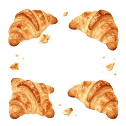 watercolor art flaky croissants with crumbs everywhere on blank all white background, illustration, vector art