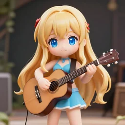 a cute little yuuki asuna playing guitar, full body, long wavy blond hair, sky blue eyes, full round face,, bikini, miniskirt, front view, mid - shot, highly detailed, cinematic wallpaper by stanley artgerm lau