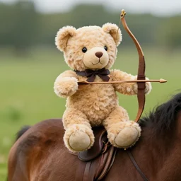 teddy bear on horseback, bow and arrow in hand