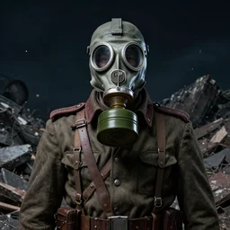 portrait of futuristic world war 1 russian soldier with gp - 5 gas mask on top of a giant debris pile, dark night background, high contrast colors, high details, dripping paint, greg rutkowski, craig mullins, ash thorpe, fibonacci rhythm ar