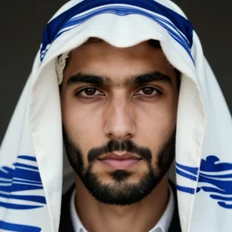 a ultra high resolution close - up of a beautiful young man with a dark short beard wearing a white and blue tallit over his head, looking down at the camera. his face is partially obscured by the tallis, and he has a proud expression. highly detailed and clean face!!! the light is dim, and the colours are muted. kodak etkar 1 0 0