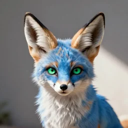 Digital furry art of a blue fennec fox with green eyes