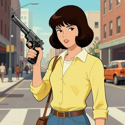 young woman in city street holding a pistol, Ralph Bakshi cartoon artstyle, 70s psychedelic