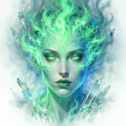 portrait of a face ethereal green and blue fire style of god of war, swarm of transparent glass shards, intricate, elegant, highly detailed, digital painting, artstation, concept art, smooth, sharp focus, illustration, art by artgerm and greg rutkowski and alphonse mucha, 8 k
