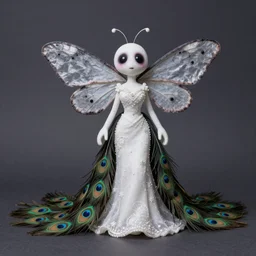 a anthropomorphic stop motion ghostly rosy maple moth black widow hybrid character, wearing a peacock wedding dress with an extra long train of peacock feathers, created by tim burton for a new stop motion animation, creepy, cute, macabre, cartoon, real life