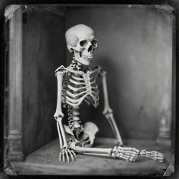 skeleton in the corner, old vintage photography, damaged photo, daguerreotype, ambrotype, black and white, archive, film artifacts, scratches, tears, hyperrealistic, ultra detailed