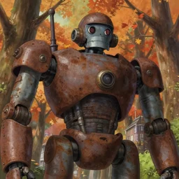 a close - up low angle, from below, face details worms - eye - view film still of a big rusty dieselpunk robot sit in an autumn forest city, close up at the robot, trending on pixiv fanbox, painted by greg rutkowski makoto shinkai takashi takeuchi studio ghibli, aki
