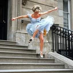 princess diana doing a kickflip down a flight of stairs