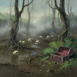 a gouache painting of a foggy muddy swamp with vines, drowning skulls in the background, a treasure chest in bushes, a matte painting by makoto shinkai, studio ghibli, featured on pixiv, plein air, speedpainting, painterly, matte drawing