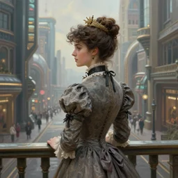 portrait of a victorian lady in a futuristic city, from behind, streets, beautiful, exquisite, highly detailed, digital painting