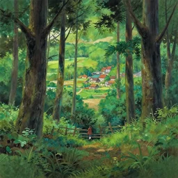 a beautiful scenic gouache painting of forest cinematic panorama ground with fence and village in far distance by ghibli artgerm pixar and makoto shinkai and wes anderson