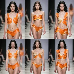 multi panel storyboard of olivia wearing an outfit made of orange peels, runway model at new york fashion week, sporty physique, black hair, freckles, pale skin, multiple angles, photo by greg rutkowski, stage lighting, soft colors, female beauty, intricate detail, elegance, 3 5 mm, depth of field, masterpiece