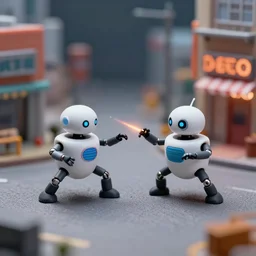 macro photography of amazing tiny adorable nanobots in a kung fun battle in a macro ghost town