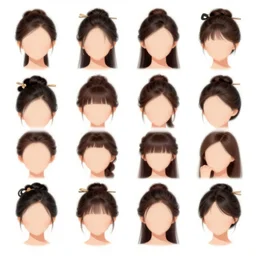 traditional female hairstyles, various colors, random models, random races