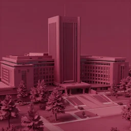 a beautiful matte masterpiece of a futuristic college campus by beeple and rhads, with maroon and pink and gold and yellow accents, trending on artstation, featured on behance, intricate, rectilinear.