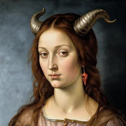 a woman with horns wearing alien earrings, by Sandro Botticelli
