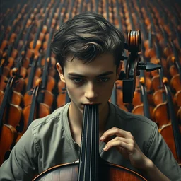 portrait of a young cellist focusing with a background of hundreds of cellos by vincent lefevre and hernan bas and pat steir and hilma af klint, psychological, symmetrical face, dripping paint, rendered in octane, altermodern, masterpiece