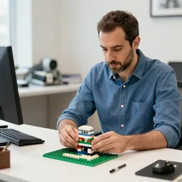 Yair Lapid playing with legos in his office, detailed