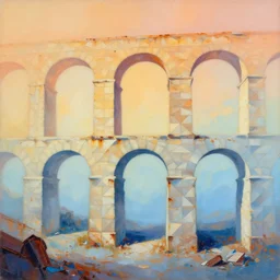 unfinished, gradient from warm to cold tone, acrylic canvas, aqueduct and arches, 3 6 0 panorama ( 3 - point perspective ), escher style pattern of triangles texture of old rust and trash