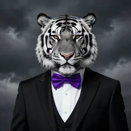 portrait of a black and white anthropomorphic tiger wearing a purple bow tie and a black suit, dark clouds in the background, realism, dark fantasy, trending on artstation