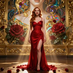 perfectly - centered!! looking at the camera!!! low - angle!! full body portrait of christina hendricks dressed in red dress, clothed, with roses, wet, shiny, shiny skin, bright lighting, godrays, golden, baroque style, roses, intricate abstract upper body intricate artwork, by tooth wu, wlop, beeple, dan mumford. concept art, octane render, deviantart, greg rutkowski, cinematic arthouse, key art, hyper realism, iridescent accents