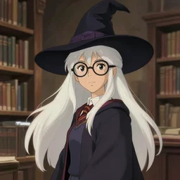 side portrait of female student witch by greg rutkowski, witch academia, magic school uniform, white hair color, library nerd glasses, by studio ghibli and ross tran, digital art, trending on artstation, highly detailed, concept art, beautiful, masterpiece