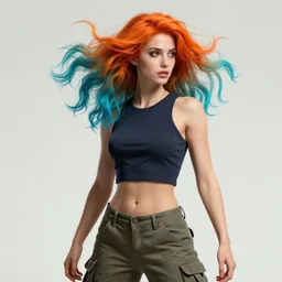 a award winning half body portrait of a beautiful caucasian woman in a croptop and cargo pants with ombre orange blue teal hairstyle with head in motion and hair flying by will eisner, outrun, vaporware, digital art, trending on artstation, highly detailed, fine detail, intricate