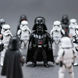 A bunch of little Darth Vaders attacking a Star Wars stormtrooper, realism, depth of field, focus on darth vader,