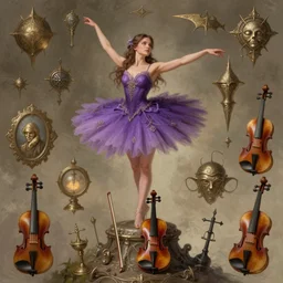 fantasy, standing on top of a violin, d & d, wearing purple romantic tutu, art by artgerm and greg rutkowski and magali villeneuve, illustration, brunette fairy woman stretching, highly detailed, trending on artstation, sharp focus, concept art, digital painting, intricate details, lord of the rings artifacts