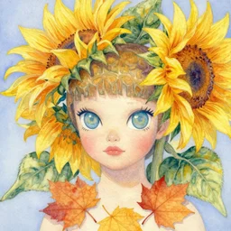 molly sanden, watercolor, in the style of claude monet, beautiful face, sunflowers, fall leaves red and orange, award winning, hd, 4 k, purple, blue