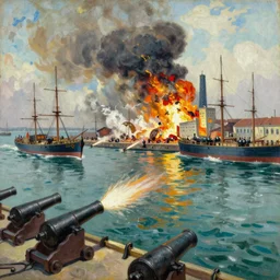 british ships shoot their cannon at port of Lagos making a building explode, from above, 1905, brightly coloured oil on canvas, by ilya repin