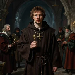 jesse eisenberg as an enigmatic medieval christian ( ( monk ) ) in a dark underground city. dark shadows, colorful, law contrasts, ( ( overcast light ) ) ) fantasy portrait by jakub rozalski, jan matejko, and j. dickenson