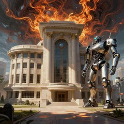 Futuristic police station. By Frank Lloyd Wright, concept art, inrincate, digital painting, unreal engine, cgsociety, neoclassical, mech, robot, fractal flame, cinematic, highly detailded