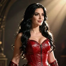 epic fantasy portrait of a female halfling, black hair, red leather corset, cinematic, beautiful lighting, heroic