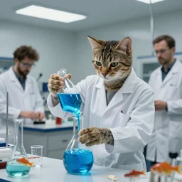 a scientist cat filling a bottle with iridescent blue liquidby nicoletta ceccoli, mark ryden, lostfish, max fleischer, depth of field, detailed and intricate environment, 8 k resolution, hyperrealistic, octane render