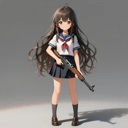 anime, full body, cute, female, a cute girl wearing a school uniform and holding a rifle, long wavy hair, light and shadow effects, highly detailed, digital painting, art station, sharp focus, high quality, frontal view, illustration, concept art, wlop