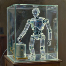 translucent material robot, oil painting of glass machine, glass refraction, art by anders zorn, wonderful masterpiece by greg rutkowski, beautiful cinematic light, american romanticism by greg manchess