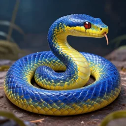 shiny blue and yellow python snake, high detail, fantasy art, concept art, 4 k, ultra detail, computer art