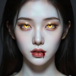 portrait beautiful korean female, porcelain face portrait, glowing amber golden eyes, blood in teeth, raphael lacoste, eddie mendoza, alex ross, concept art, matte painting, highly detailed, rule of thirds, dynamic lighting, cinematic, detailed, denoised, centered
