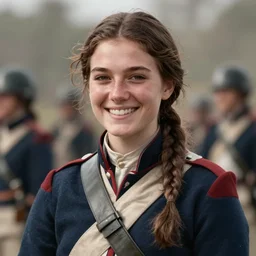 young female american revolutionary war soldier, smiling, digital portrait by greg rutkowski, intricate, soft focus, highly detailed, cinematic, epic, artstation