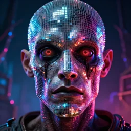 hyper realistic and high detailed zombified humanoid's face, disco diffusion style. highly detailed bright colorful lights in a dark fantasy landscape. professional digital art, octane render.