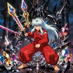 inuyasha. hq glistening beautiful colors, rich moody atmosphere, reflections specular highlights, megastructure realistic detailed background, brandishing iridescent cosmic weapons, colourful 3 d crystals, dark ominous jagged sharp steel gritty armor, makoto shinkai greg rutkowski matte portrait animation