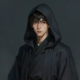 digital art portrait of a young man in dark robes, hooded, made by WLOP, WLOP