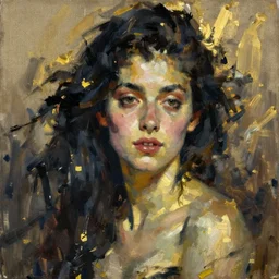 spontaneous unfinished romantic portrait, beautiful juicy brush strokes, by Richard schmid and Sargent, trending on cgsociety, expressionism, black and gold colors only, linen canvas