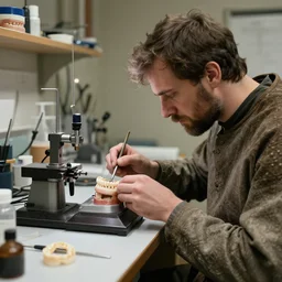 medieval denture technician working in a lab. stock photo