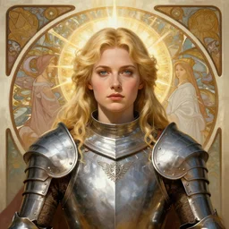 masterpiece head-on symmetrical centered painted portrait, Elisha Cuthbert as a warrior paladin, blonde hair, saintly, glorious light, sacred, wearing full metal armour, elegant, distant, in the style of Edgar Maxence and Ross Tran and Zdzisław Beksiński and Michael Whelan and Mucha, 8k, octane render